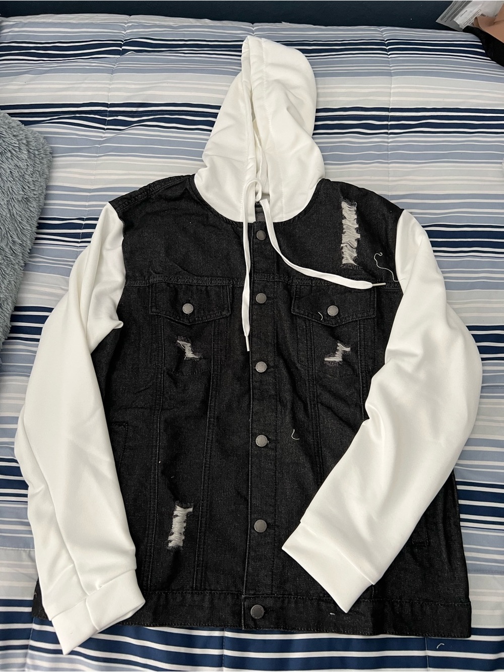 Black Denim Hooded Jacket with White Sleeves